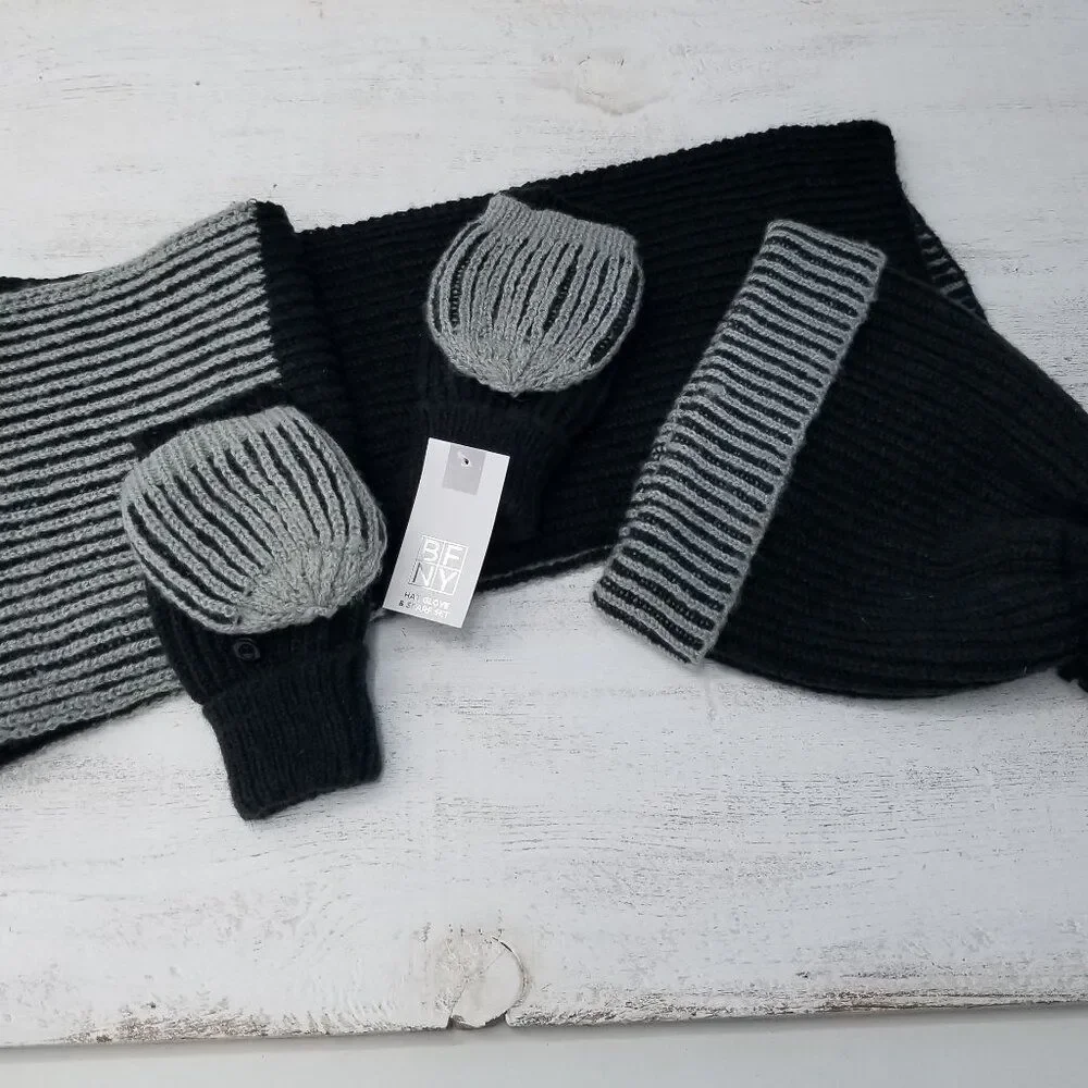 BFNY Scarf Mittens Hat Set Winter Black Gray One Size